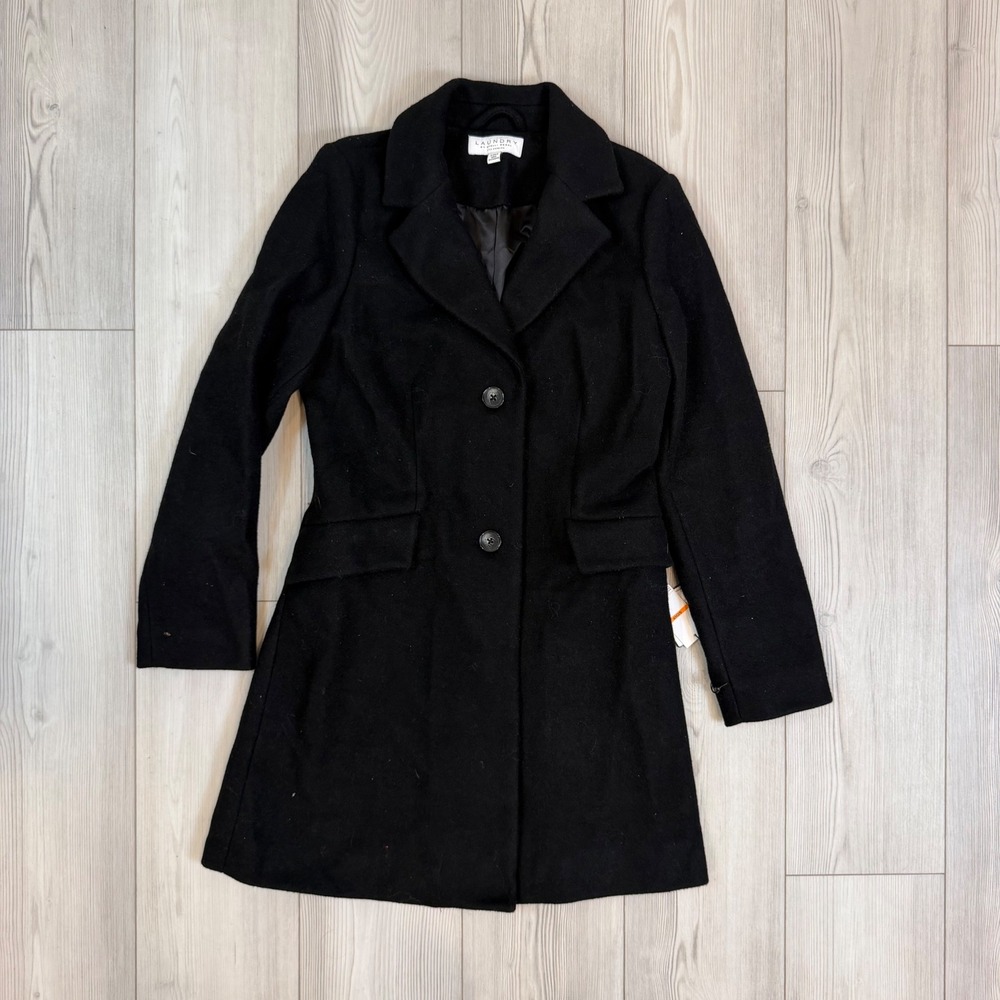 Laundry by Shelli Segal Black Wool Blend Pea Coat Notched Lapel T024456 Small